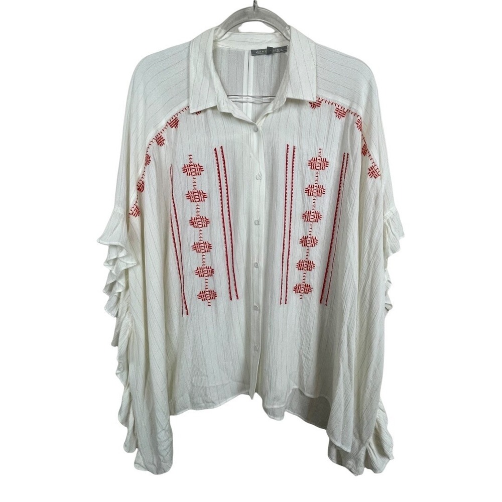 Daniel Rainn‎ Ivory Red Gold Tribal Stripe Boho Button Top Anthropologie